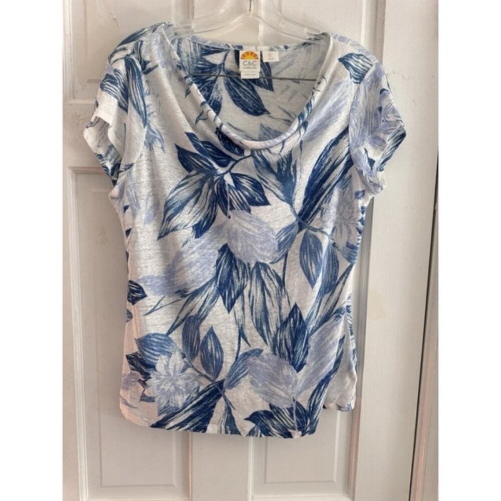 C&C‎ CALIFORNIA Top L 100% Linen Slub Jersey Hibiscus Tropical Cap Sleeve Blue